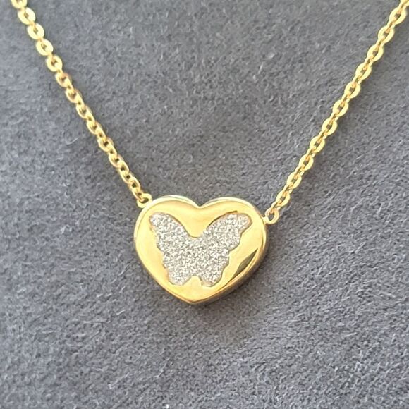 New Gold Sparkle Butterfly Heart Pendant Necklace - Picture 1 of 9